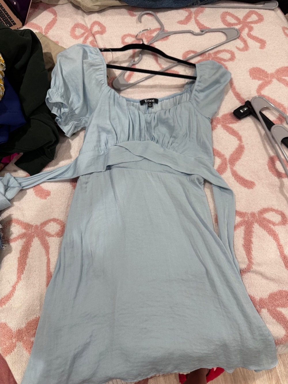 Trixxi Light Blue Puff Sleeve Mini Dress Tie Back Size M